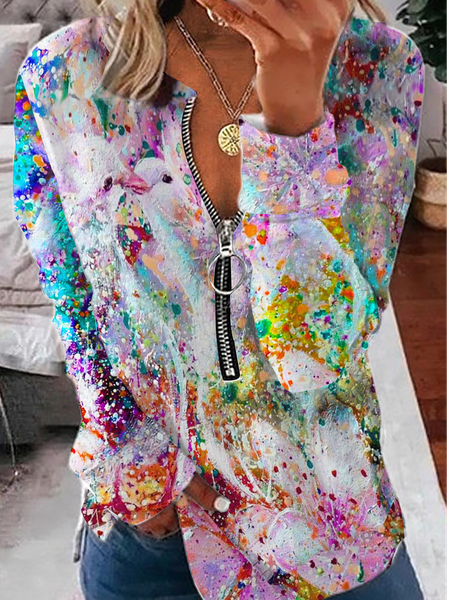 

Loose Half Open Collar Bird Casual Sweatshirt, Multicolor, Clothing