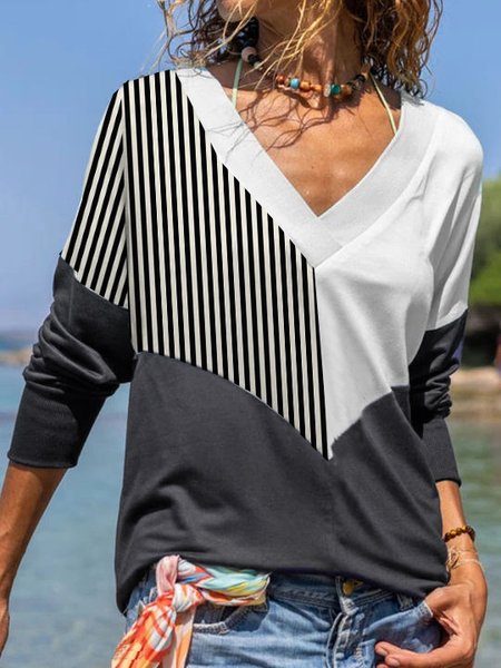

V Neck Striped Casual Loose T-Shirt, Black-white, T-Shirts