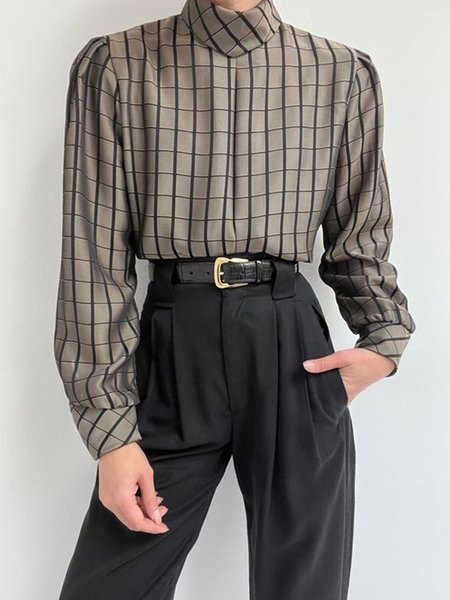 

Simple Loose Plaid Long sleeve Blouse, Brown, Blouses and Shirts