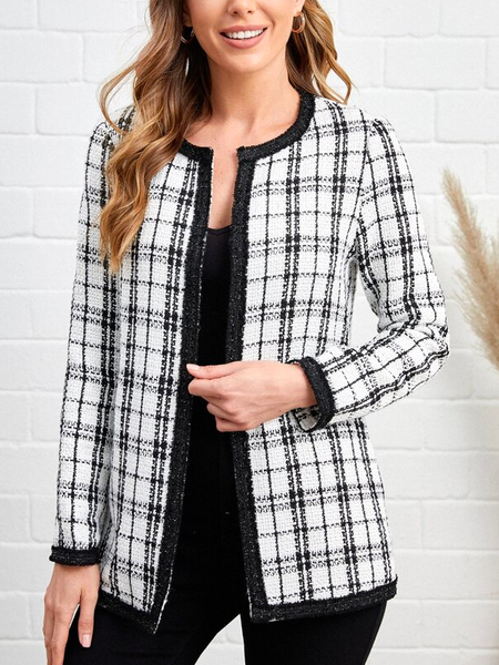 

Cross Neck Urban Plaid Blazer, White, Outerwear