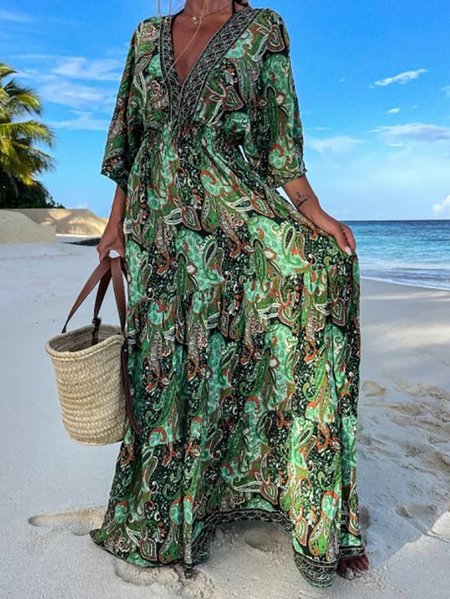 

Ethnic V Neck Ethnic Geometry Regular Fit Dress, Green, Dresses