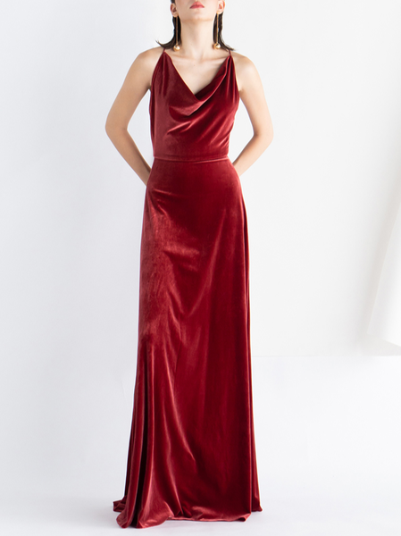 

Elegant Velvet Regular Fit Spaghetti Dress & Party Dress, Red, Maxi Dresses