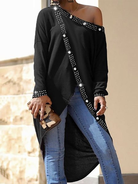 

Plain Cold Shoulder Urban Long Sleeve Top, Black, Linen Tops