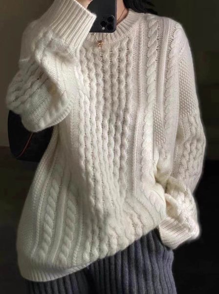 

Crew Neck Casual Plain Sweater, Off white, Sweaters