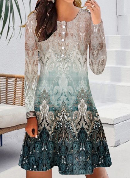 

Women‘s Casual Geometric Crew Neck Dress, Green, Dresses