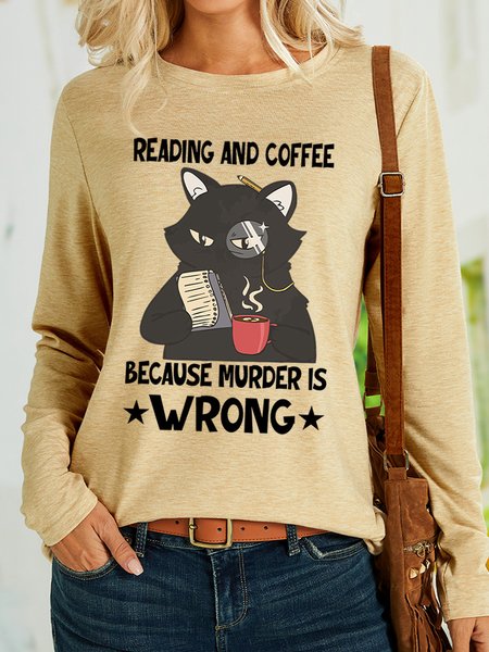 

Lilicloth X Manikvskhan Cat Reading And Coffee Because Murder Is Wrong Womens Long Sleeve T-Shirt, Khaki, Long sleeves