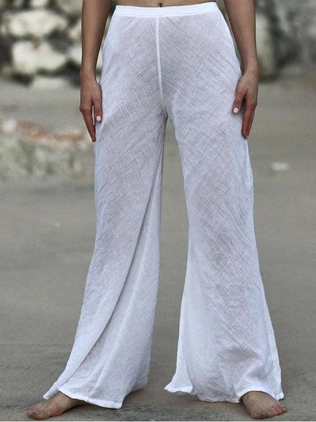 

Loose Casual Plain Cotton Casual Pants, White, Pants
