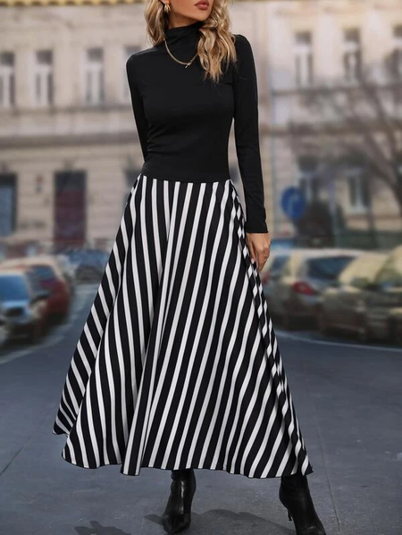 

Cotton-Blend Geometric Turtleneck Casual Dress, Black-white, Dresses