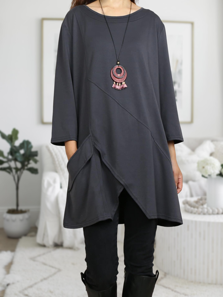 

Plain Regular Fit Cotton-Blend Casual TUNIC Dress, Gray, Mini Dresses