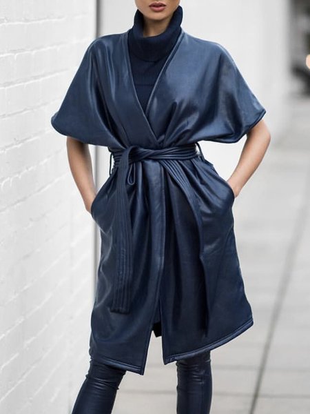 

Daily Long sleeve Urban Plain V Neck Jacket, Dark blue, Jackets