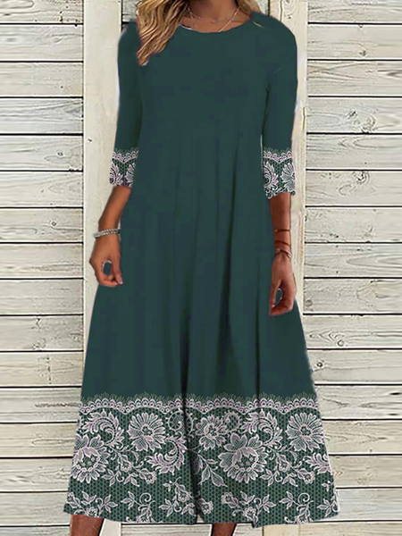 

Ethnic Floral Casual Crew Neck Regular Fit Dress, Green, Dresses