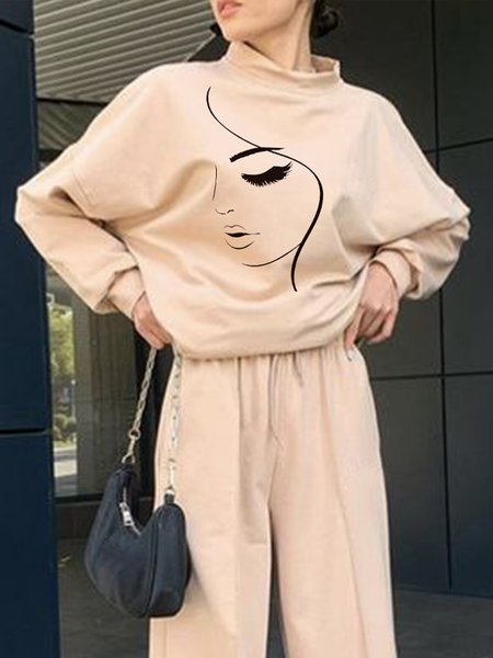 

Casual Stand Collar Abstract Print Sweatshirt, Apricot, Hoodies and Sweatshirts
