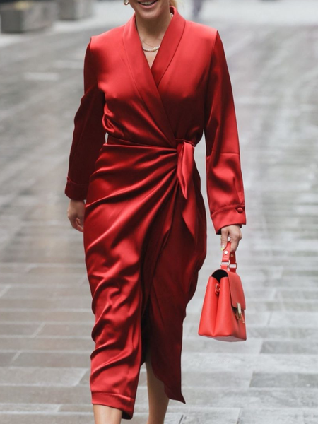 

Shawl Collar Elegant Plain Satin Dress & Party Dress, Red, Midi Dresses