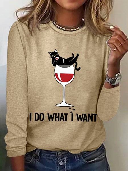 

Women's I Do What I Want Black Cat Wine Text Letters Simple Long Sleeve Top, Khaki, Long sleeves