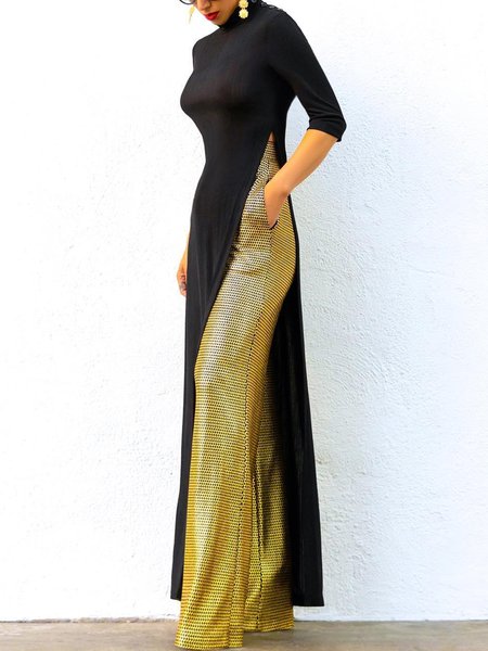 Regular Fit Plain Simple Three Quarter Split Top, Black, Blouses and Shirts