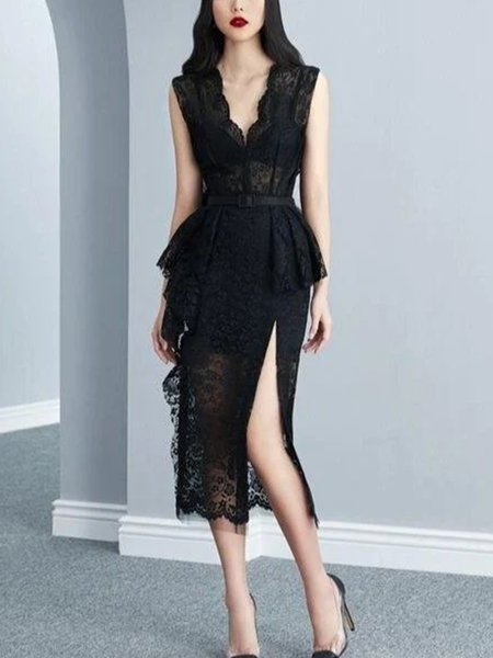 

Lace Plain Regular Fit Elegant No Elasticity Hip Skirt Party Dress, Black, Midi Dresses