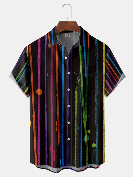 

Geometric Stripe Chest Pocket Short Sleeve Shirt, Black, Men Shirts