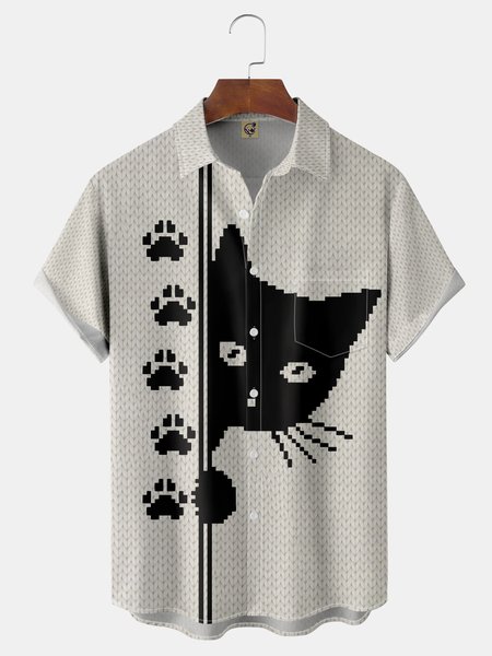 

Animal Cat Chest Pocket Short Sleeve Shirt, Black, Men Shirts