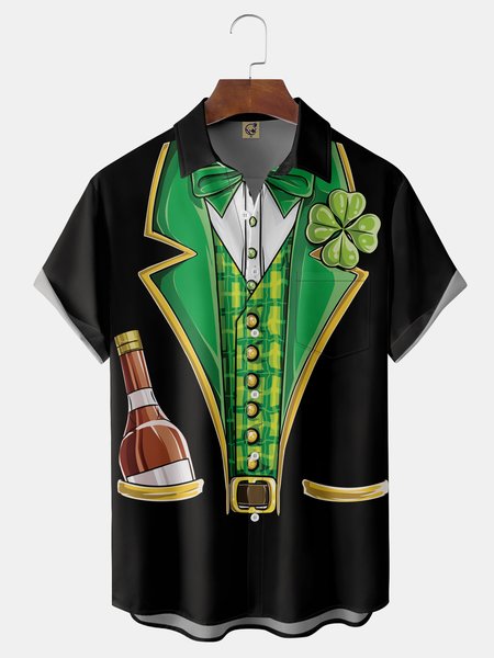 St. Patrick's Day Chest Pocket Short Sleeve Shirt, Green, Men Shirts