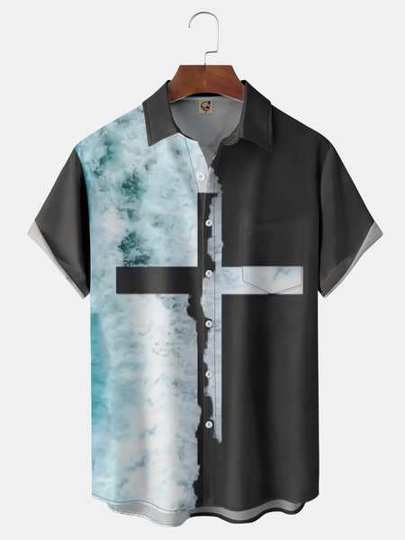 

Easter Cross Chest Pocket Short Sleeves Casual Shirts, Black, Men Shirts