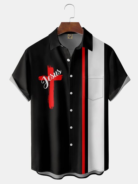 

Easter Cross Chest Pocket Short Sleeve Shirt, Black, Men Shirts