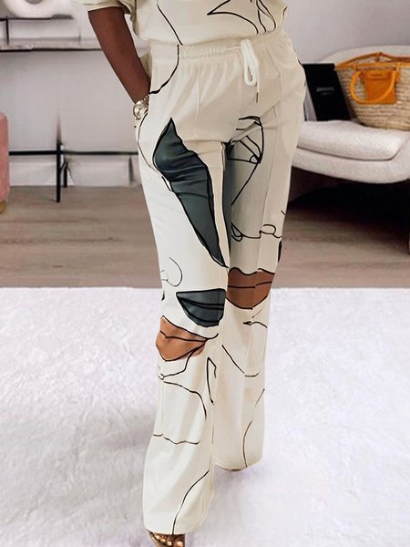 

Casual Abstract Print Straight Pants, White, Pants