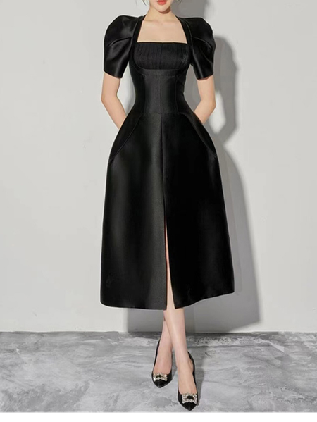 

Square Neck Elegant Dress & Party Dress, Black, Midi Dresses
