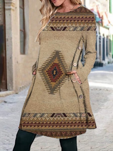

Geometric Regular Fit Ethnic Crew Neck Dress, Khaki, Dresses