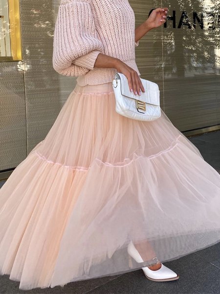 

Elegant Loose Plain Maxi Skirt, Pink, Skirts