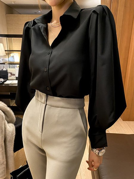 

Simple Loose Shirt Collar Plain Blouse, Black, Blouses and Shirts