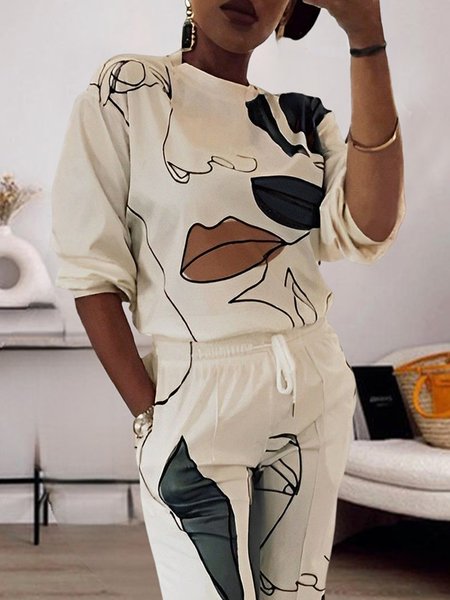 Casual Abstract Print Loose Crew Neck Sweatshirt, White, Hoodies and Sweatshirts