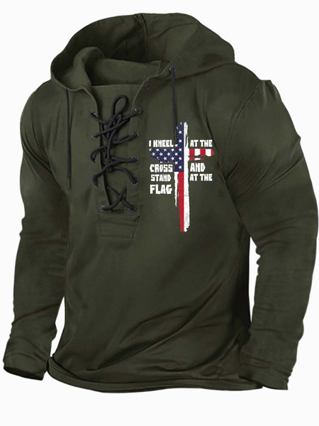 

Men’s I Kneel At The Cross And Stand At The Flag Text Letters Casual Half Open Collar Regular Fit Sweatshirt, Army green, Hoodies&Sweatshirts