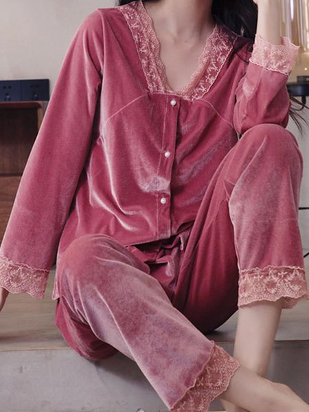 

Lace Stitching Gold Velvet Long Sleeve Trousers Loungewear Two Piece Plus Size, Pink, Loungewear & Sleepwear