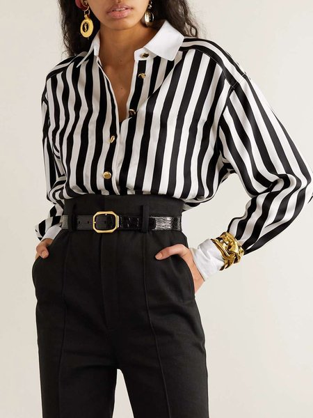 

Shirt Collar Urban Loose Striped Blouse, Black-white, Blouses and Shirts