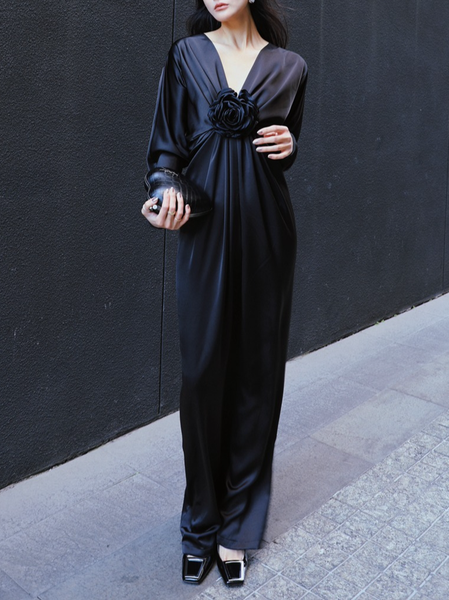 

V Neck Regular Fit Elegant Dress & Party Dress, Black, Maxi Dresses