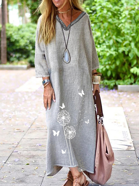 

V Neck Floral Linen Casual Dress, Gray, Maxi Dresses