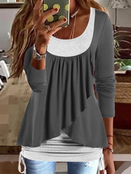 

Crew Neck Casual Regular Fit Color Block Top, Gray, Tops