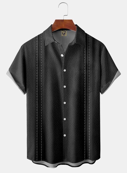 

Leather Texture Chest Pocket Short Sleeve Bowling Shirt, Black, Men Shirts