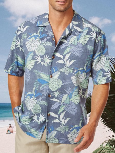 

Tropical Chest Pocket Short Sleeve Resort Shirt, Blue, Short Sleeve Shirts