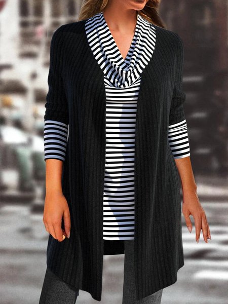 

Casual Stacked Neck Striped Panel Top, Black, Tops