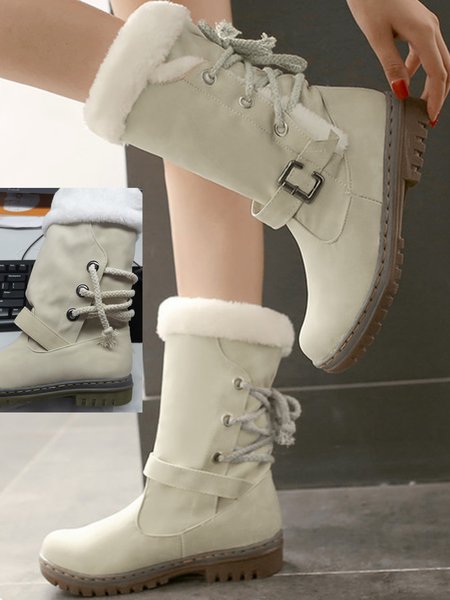 

Plush Warm Buckle Lace-Up Snow Boots, Beige, Boots