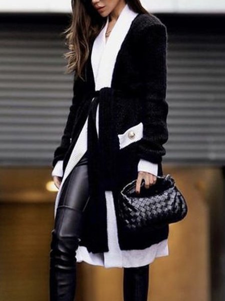 

V Neck Elegant Color Block Long sleeve Sweater Coat, Black, Cardigans
