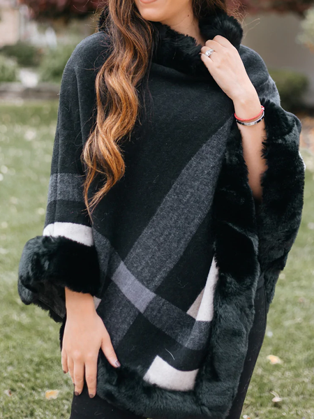 

Plaid Print Fur Trim Neck & Bottom Poncho, Black-white, Coats