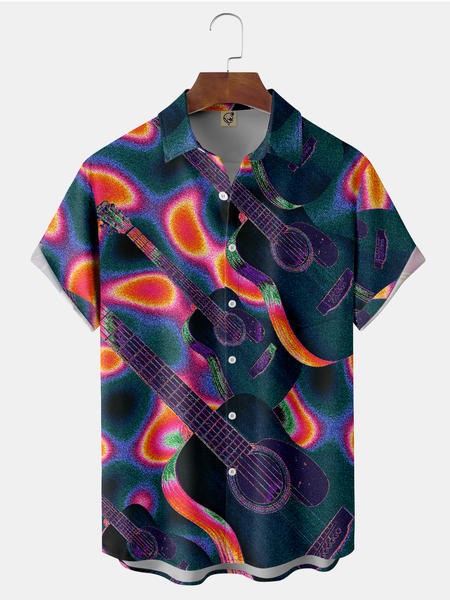 

Guitar Chest Pocket Short Sleeve Shirt, Green, Men Shirts
