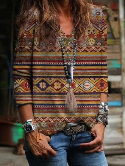 

V Neck Loose Vintage Ethnic T-Shirt, Multicolor, Tops