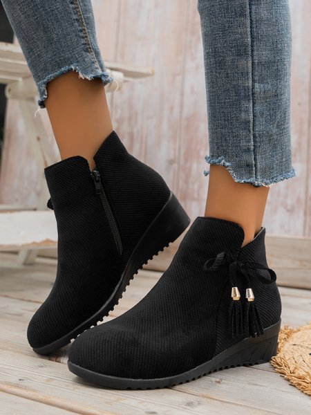 

Casual Bow Decor Side Zip Wedge Boots, Black, Boots