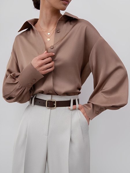 

Lantern Sleeve Elegant Shirt Collar Blouse, Light brown, Blouses and Shirts