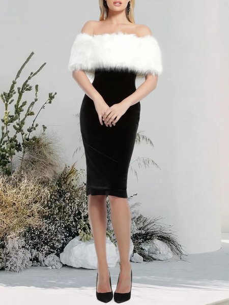 

Velvet Elegant Boat Neck Plain Dress & Party Dress, Black, Midi Dresses