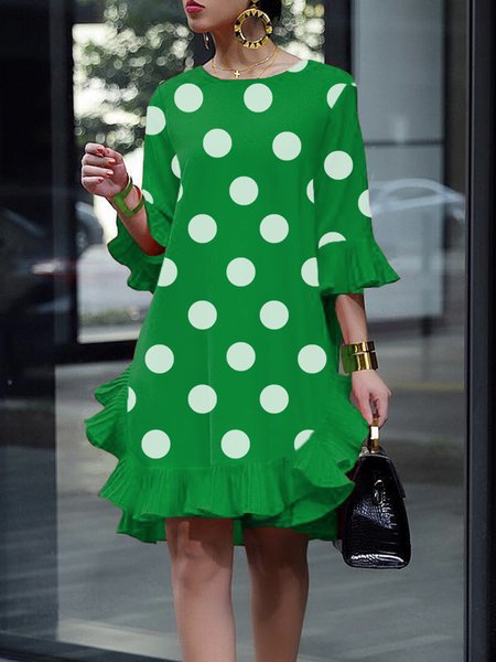 

Elegant Crew Neck Polka Dots Regular Fit Knee Dress, Green, Mini Dresses