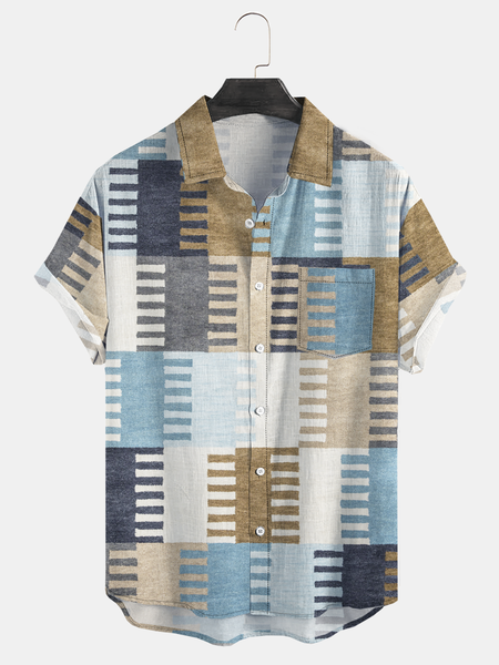 

Geometric Color Block Chest Pocket Short Sleeve Casual Shirt, Grey-blue, Men Shirts